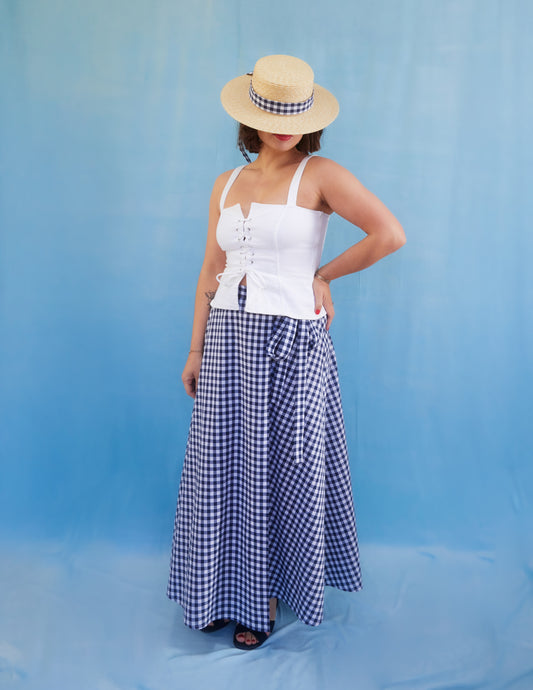 Simone Gingham Navy Blue Maxi-Length Wrap Skirt