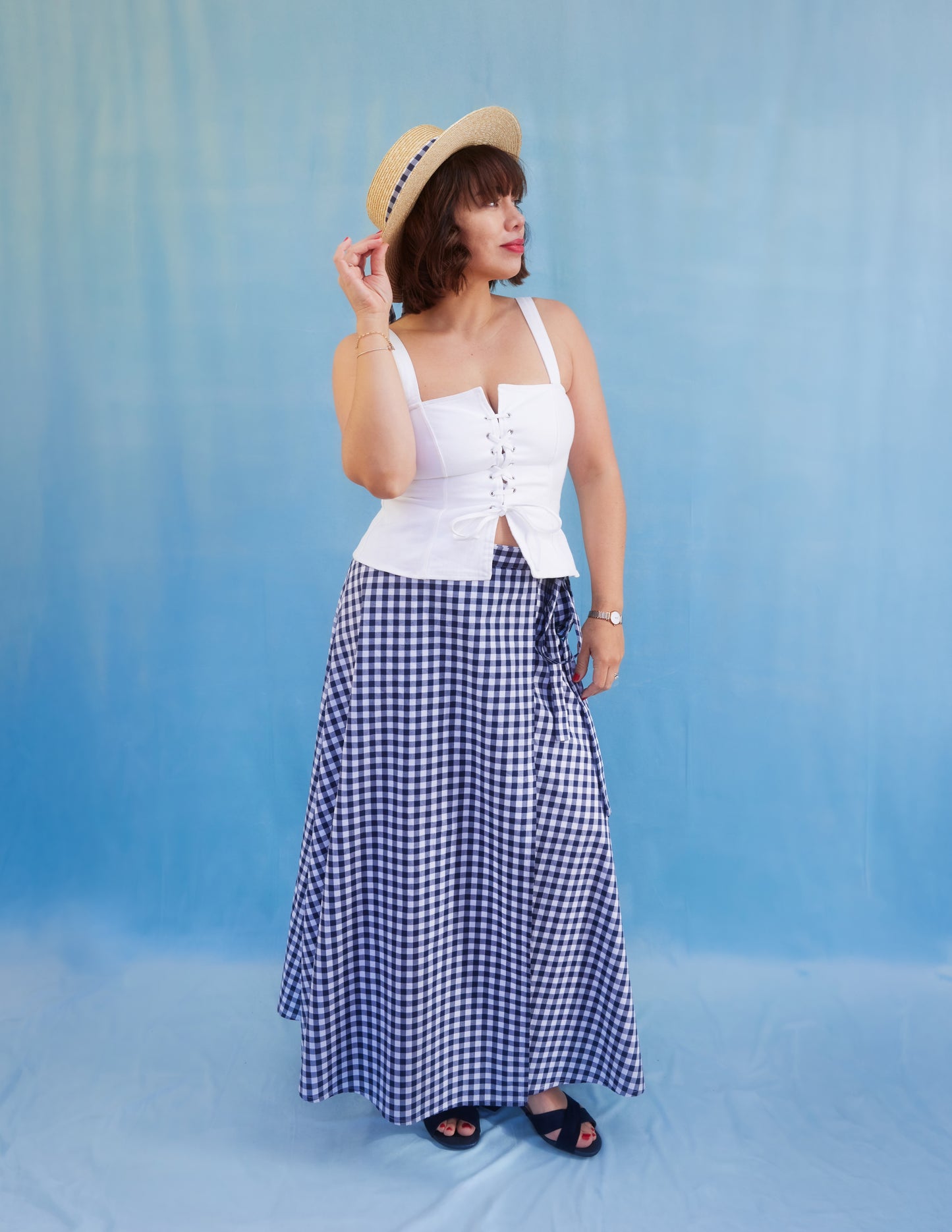 Simone Gingham Navy Blue Maxi-Length Wrap Skirt