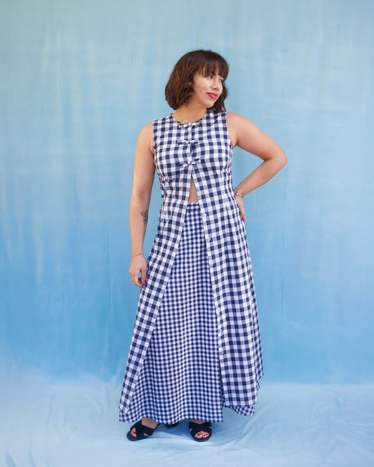 Rosalie 2-in-1 Navy Blue Gingham Maxi Dress and Top